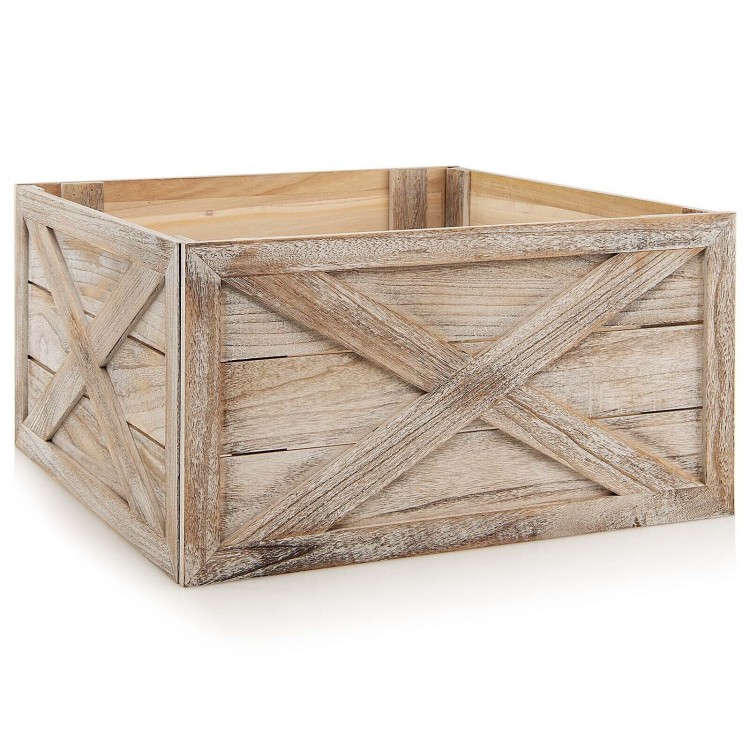 Wooden tree collar box with whitewashed finish and X-shaped patterns, suitable for trees with stands under 37 inches.
