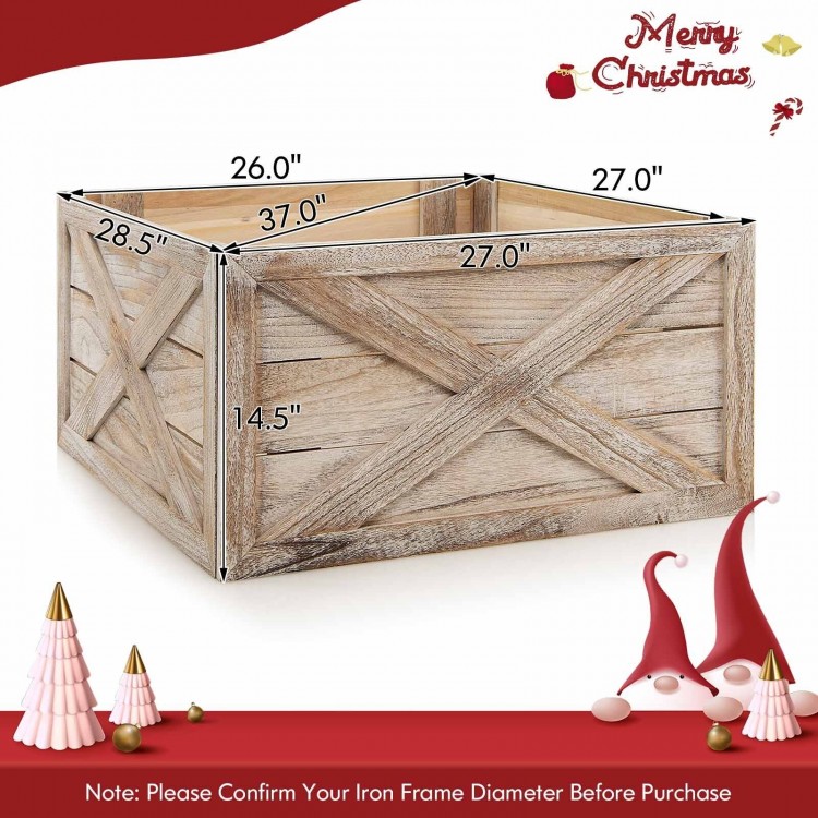 Wooden tree collar box measuring 28.5 inches, made of natural wood with a rustic design, perfect for Christmas trees.