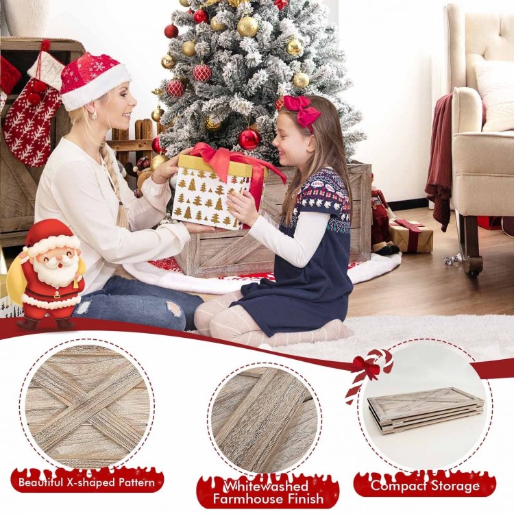 Wooden Christmas tree collar box with whitewashed finish and X-shaped pattern, perfect for indoor/outdoor use.