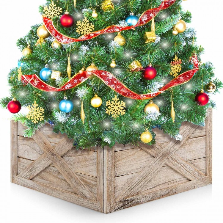 Wooden Christmas tree collar box in brown, featuring X-shaped patterns, ideal for tree stands under 37" for festive.