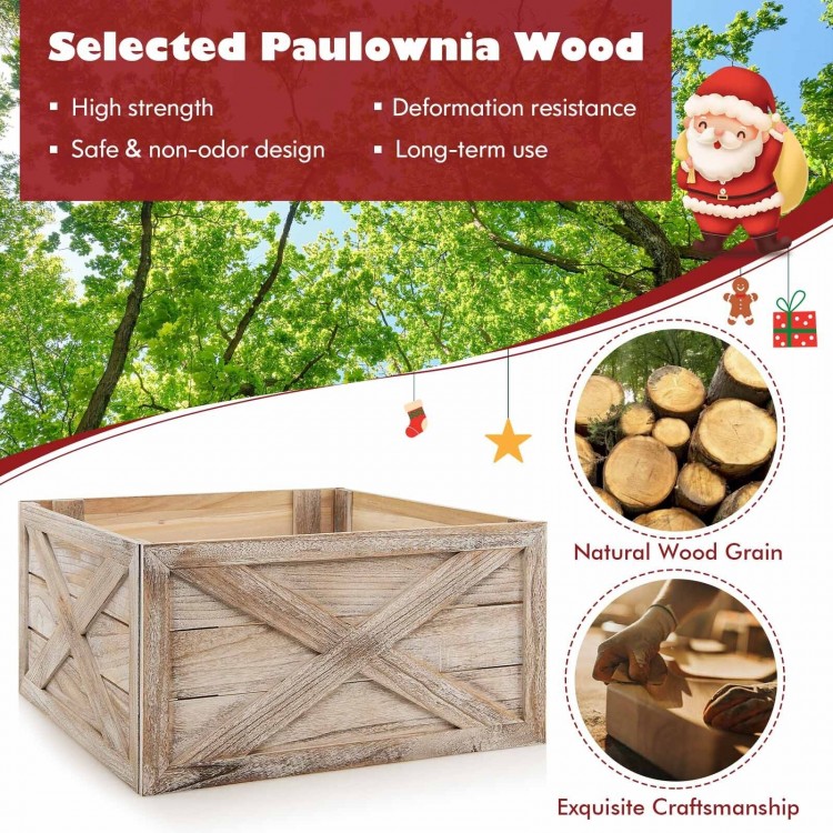 28.5-inch wooden tree collar box made of natural paulownia wood, featuring a rustic design for Christmas tree stands.