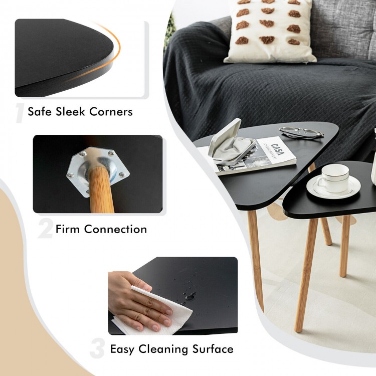 Set of 2 modern nesting coffee tables with triangular MDF tabletops and bamboo legs, ideal for versatile living room.