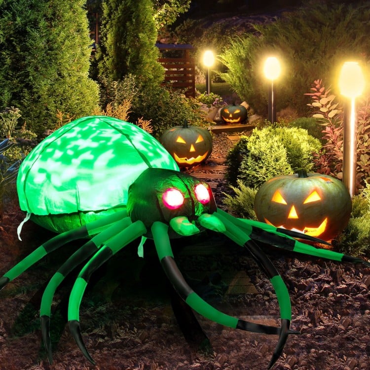 5-foot inflatable Halloween spider with glowing green body, red eyes, and 8 long legs, perfect for yard decoration.