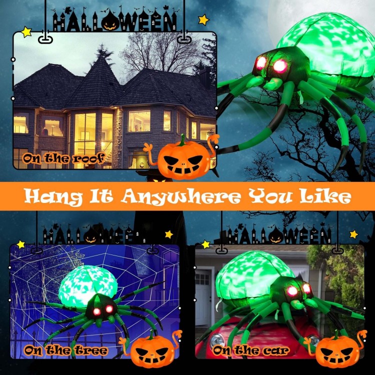 5-foot inflatable Halloween spider with glowing green body and red eyes, perfect for yard or roof decoration.