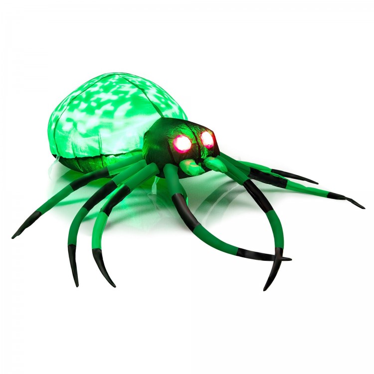 Inflatable 5-foot Halloween spider with glowing green body, red eyes, and 8 long legs, perfect for yard decoration.