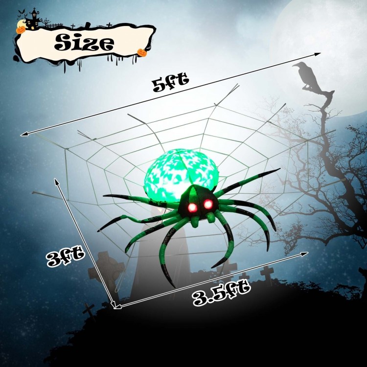 5-foot Halloween inflatable creepy spider with glowing green body, red eyes, and 8 long legs for festive outdoor decor.