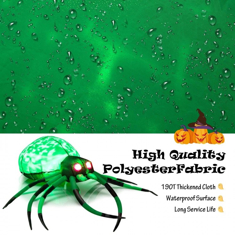 5-foot inflatable Halloween spider with glowing green body, red eyes, and 8 legs, made of durable polyester fabric.