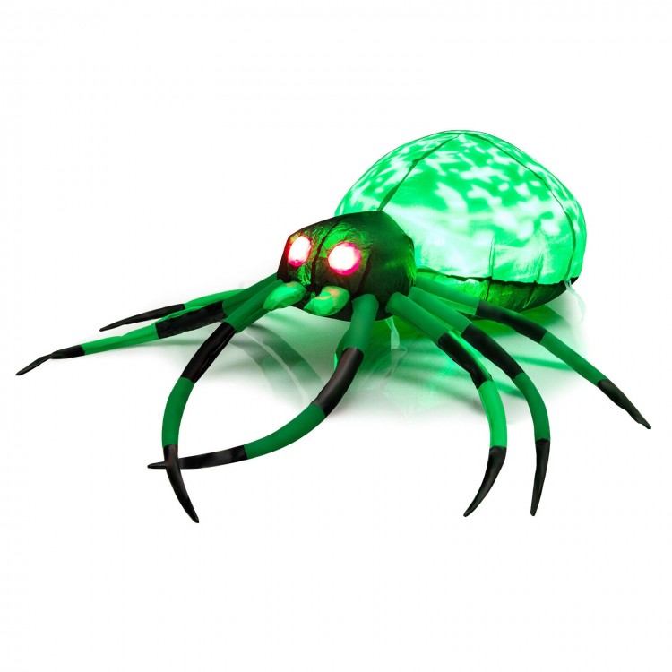 5-foot Halloween inflatable creepy spider with glowing green body, red eyes, and vivid 8 legs for festive outdoor decor.