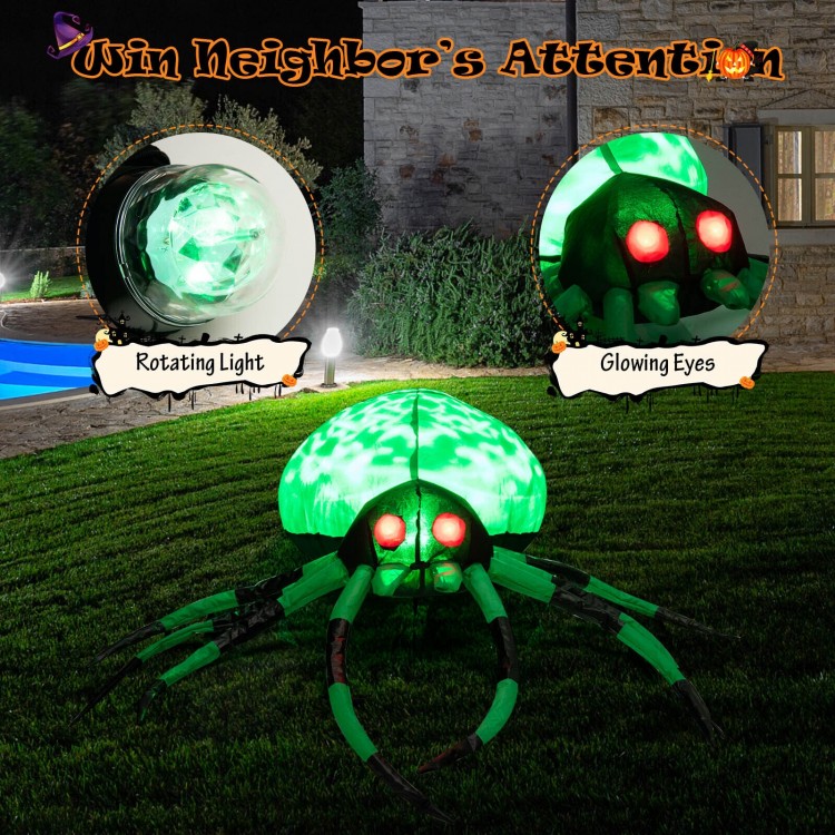 5-foot inflatable Halloween spider with glowing red eyes and green lights, perfect for outdoor decorations.