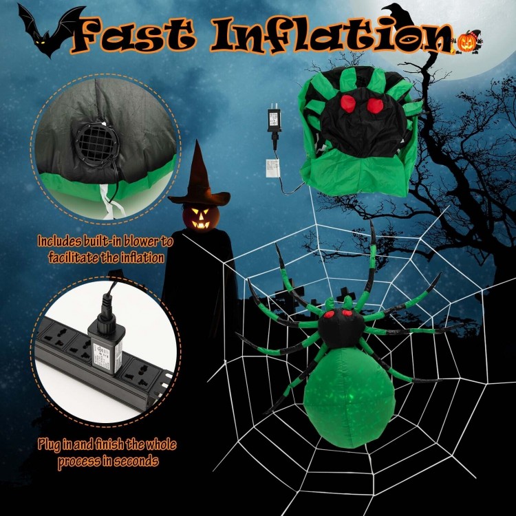 5-foot Halloween inflatable spider with LED lights, green body, red eyes, and included cobweb for festive outdoor decor.