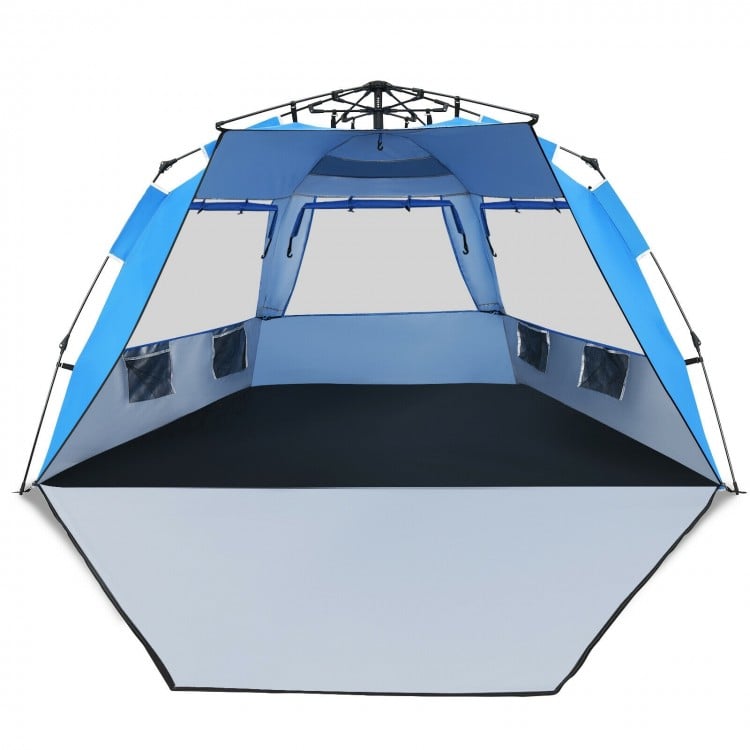 Spacious blue Easy Pop Up Beach Tent for 3-4 persons, featuring UPF 50+ sun protection and 3 large mesh windows.