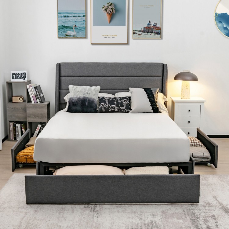 Upholstered full-size platform bed frame with three storage drawers, featuring a sturdy metal structure and soft.