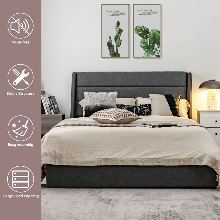 Upholstered full-size platform bed frame with three storage drawers, sturdy metal structure, and noise-reducing.