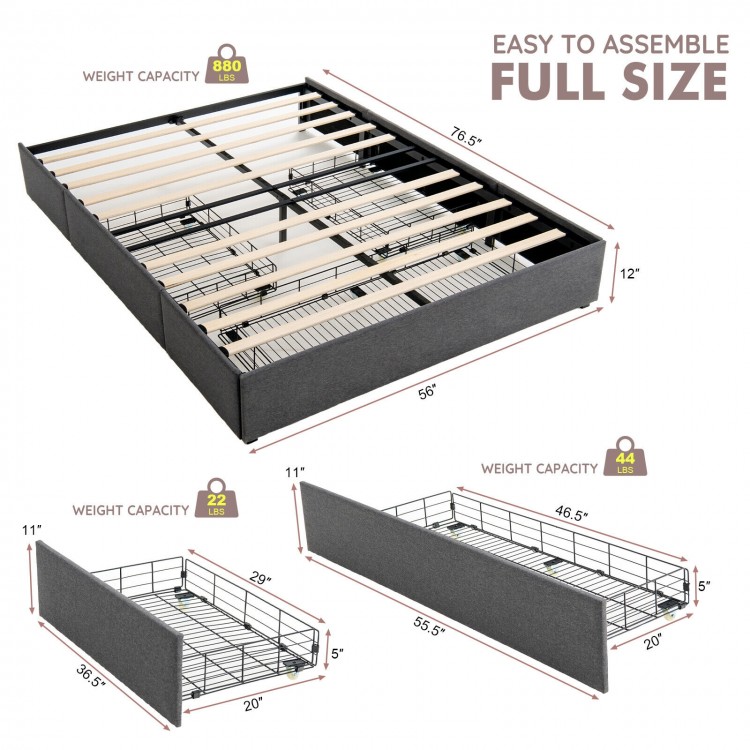 Upholstered full-size bed frame with three storage drawers, sturdy metal structure, and noiseless castors for easy.