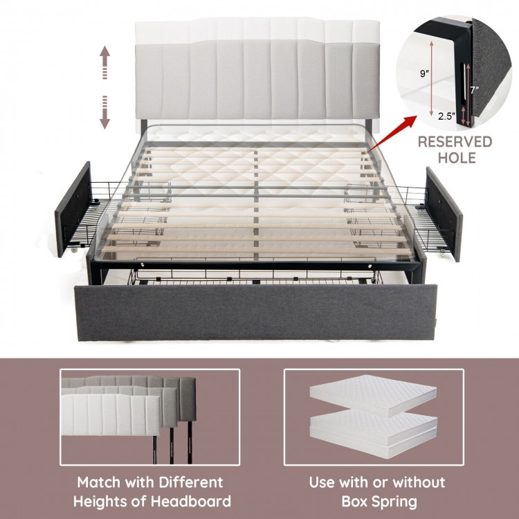 Upholstered full-size bed frame with three storage drawers, sturdy metal structure, and silent foam for noise reduction.
