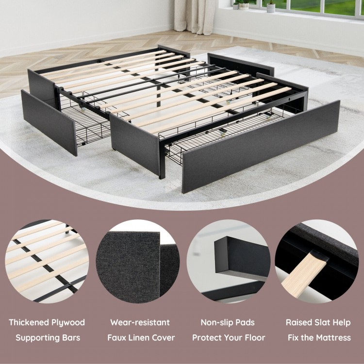 Upholstered platform bed frame with three storage drawers, sturdy metal structure, and non-slip pads for floor.