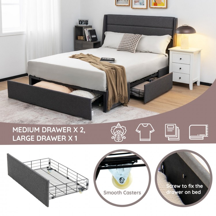 Upholstered full-size bed frame with three storage drawers, featuring smooth casters and a sturdy metal structure for.