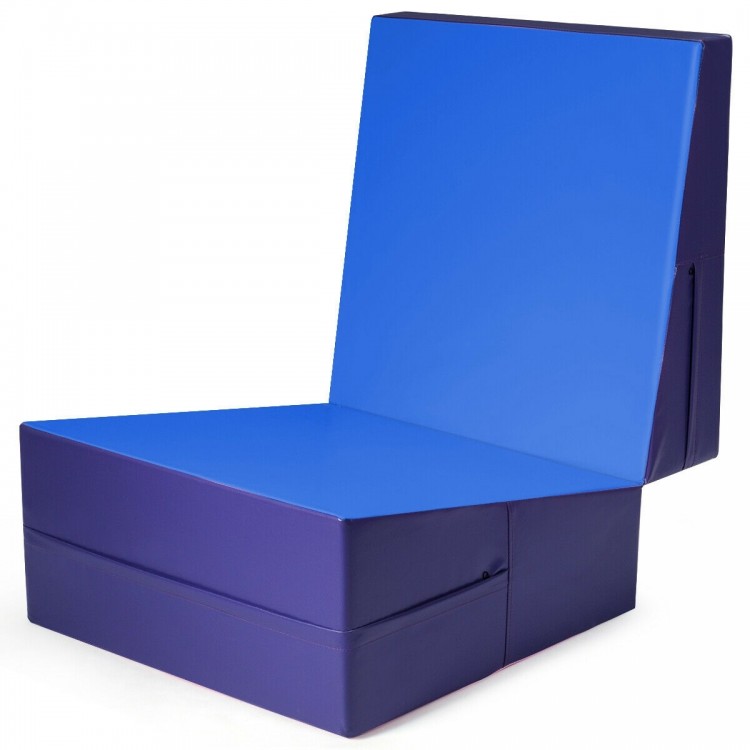 Folding wedge ramp mat in blue with non-toxic PVC cover, ideal for gymnastics, yoga, and exercise routines.