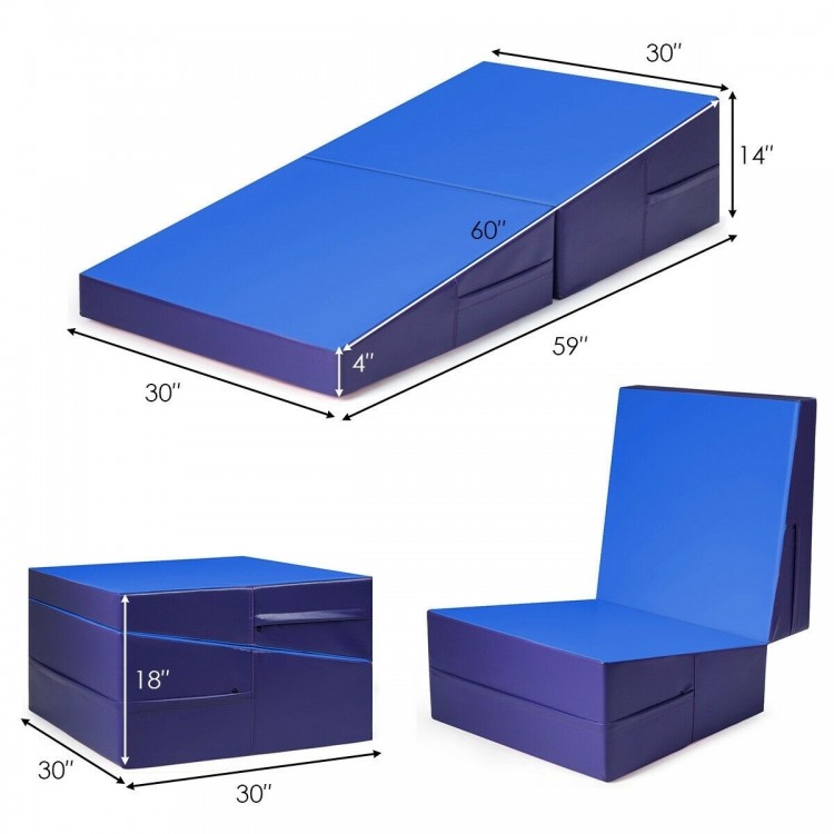 Blue folding wedge ramp mat with non-toxic PVC cover, EPE foam, ideal for gymnastics, yoga, and exercise programs.