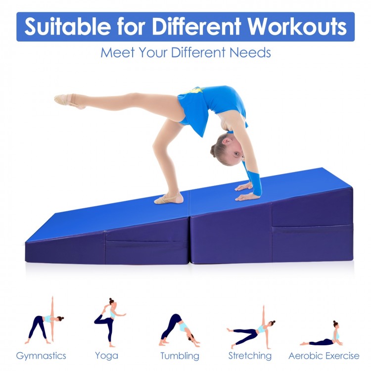 Blue tumbling incline gymnastics exercise folding wedge ramp mat for yoga, stretching, and tumbling workouts.