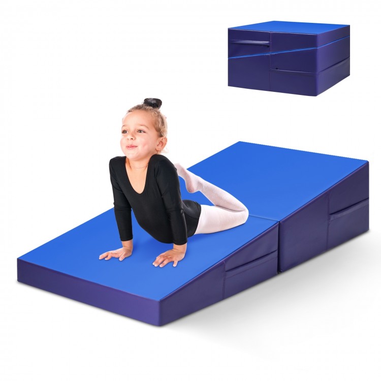 Blue tumbling incline gymnastics mat with a foldable design, ideal for exercise, yoga, and stretching activities.