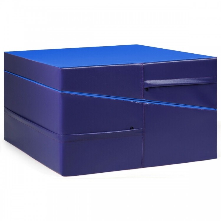 Folding wedge ramp mat in blue, made with non-toxic PVC and EPE foam, ideal for gymnastics and exercise activities.