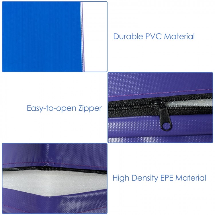 Close-up of the blue tumbling incline mat showing durable PVC material and easy-to-open zipper for convenient cleaning.