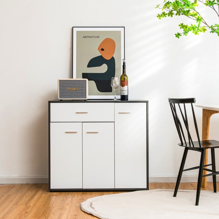 Modern buffet sideboard storage cabinet with spacious top, two compartments, and pull-out drawer for kitchen essentials.