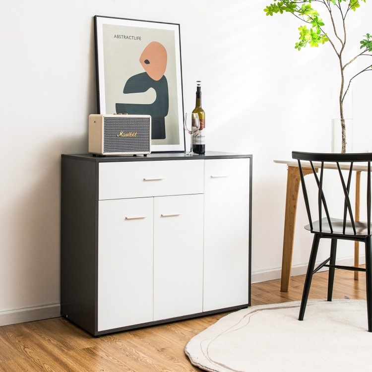 Modern buffet sideboard storage cabinet in black and white with spacious top, drawers, and adjustable shelf for.