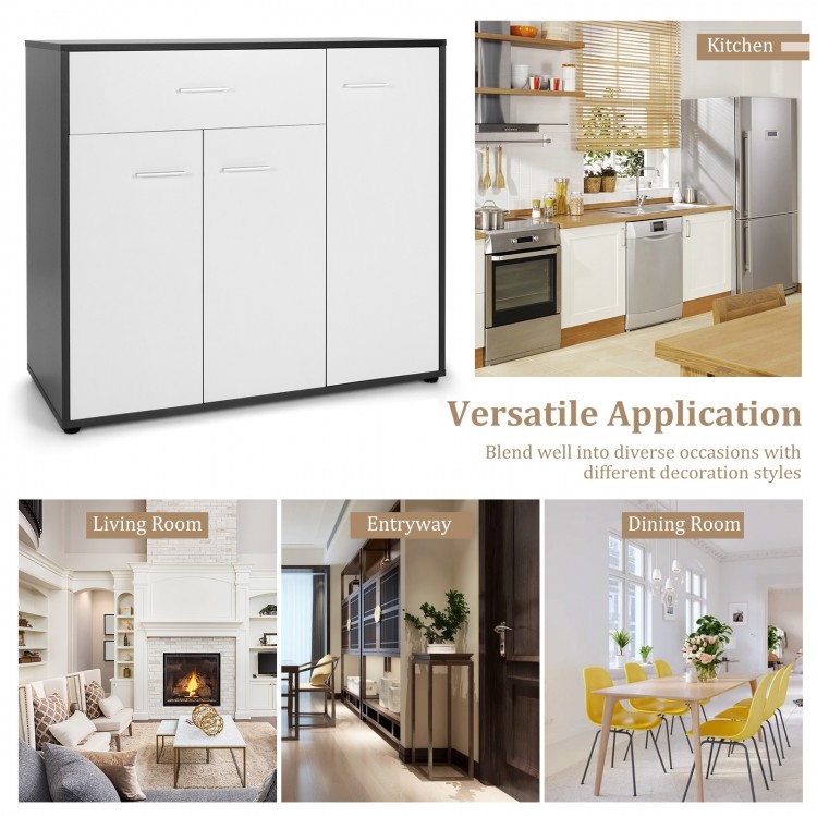 Buffet sideboard storage cabinet with spacious top, adjustable shelf, and pull-out drawer for versatile kitchen use.