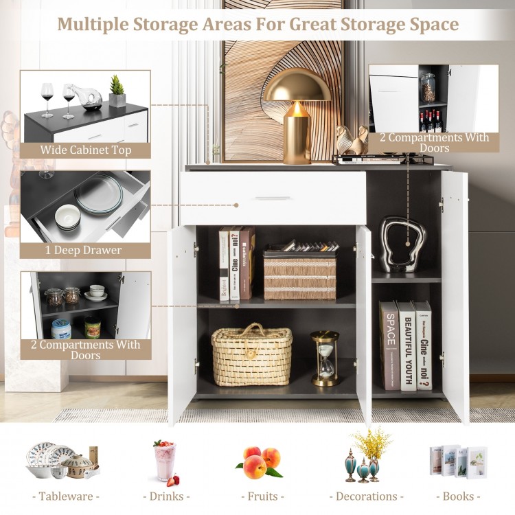 Buffet sideboard storage cabinet with wide top, pull-out drawer, and two compartments for versatile kitchen.