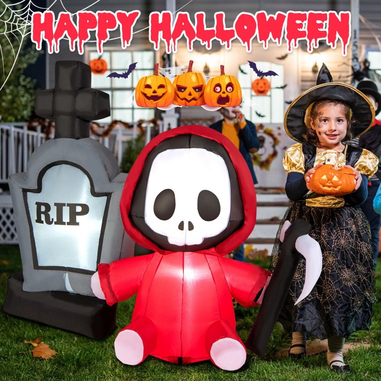 5-foot inflatable Halloween ghost holding a sickle and tombstone, perfect for outdoor spooky decorations.