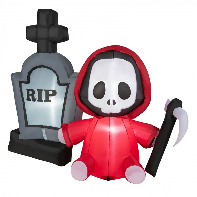 5-foot inflatable Halloween ghost in red cloak with sickle and tombstone, ideal for creating a spooky atmosphere.