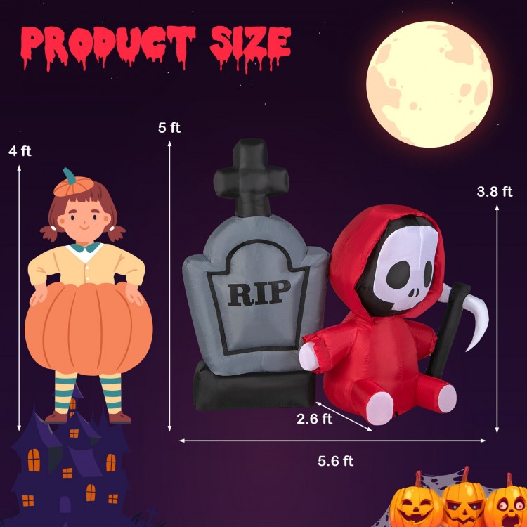 5-foot inflatable Halloween ghost with sickle and tombstone, featuring LED lights for outdoor decoration and spooky.