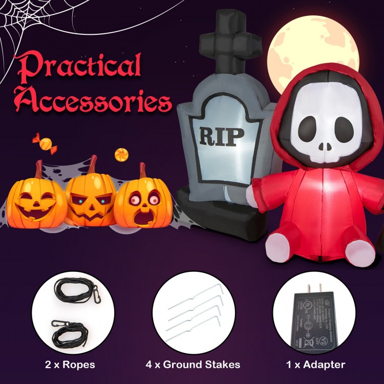 Inflatable Halloween ghost holding a sickle with glowing LED lights, ideal for creating a spooky vibe in your yard.