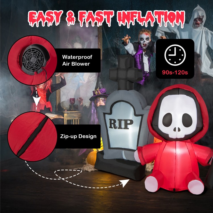 5-foot inflatable Halloween ghost holding a sickle and tombstone, made of waterproof fabric for outdoor decoration.