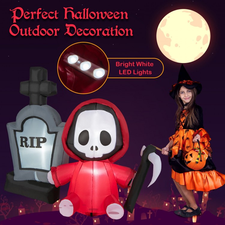 5-foot inflatable Halloween ghost holding a sickle and tombstone with bright LED lights, perfect for outdoor decoration.