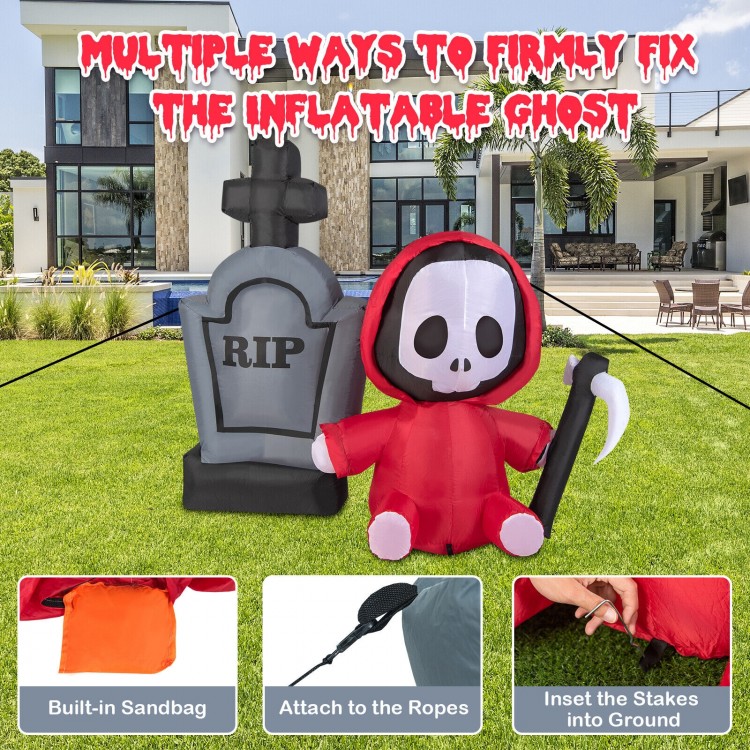 5-foot inflatable Halloween ghost holding a sickle and tombstone, featuring LED lights for outdoor spooky decor.
