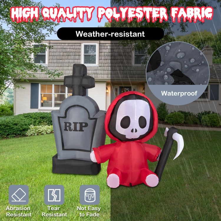 5-foot inflatable Halloween ghost holding a sickle and tombstone, made of waterproof polyester fabric for outdoor decor.