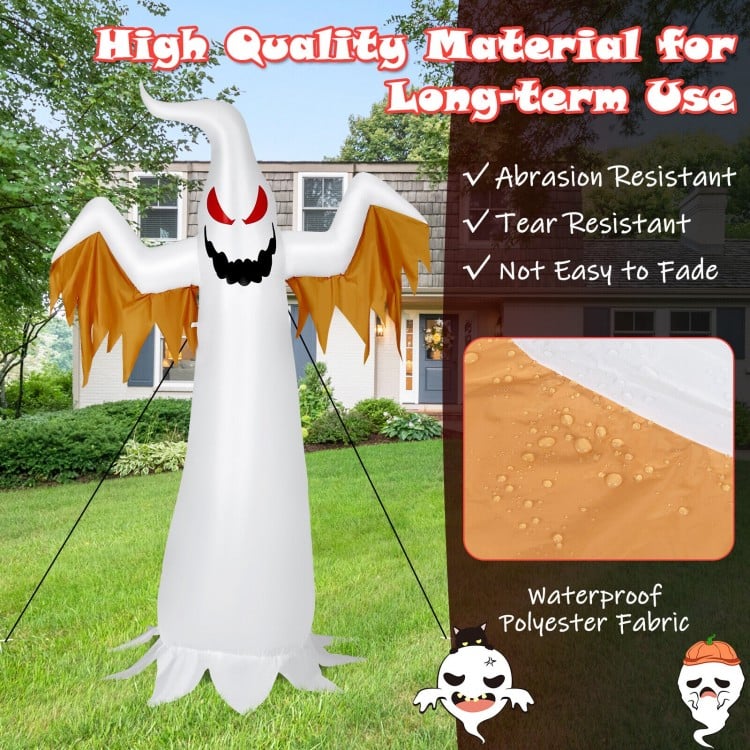 6 feet inflatable ghost decoration with LED lights, made of durable waterproof polyester for Halloween outdoor fun.