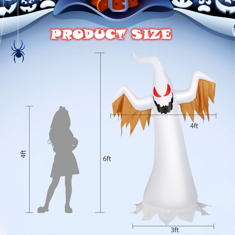 Inflatable 6-foot Halloween ghost with scary design and LED lights, perfect for outdoor Halloween décor and parties.