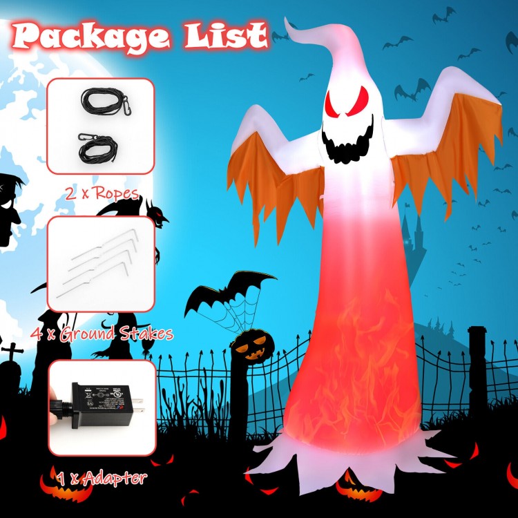 6 feet inflatable ghost decoration with LED lights, made of durable polyester, perfect for Halloween outdoor parties.