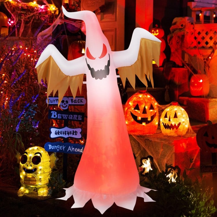 6-foot inflatable ghost decoration with LED lights, designed for Halloween parties, adds a spooky atmosphere outdoors.
