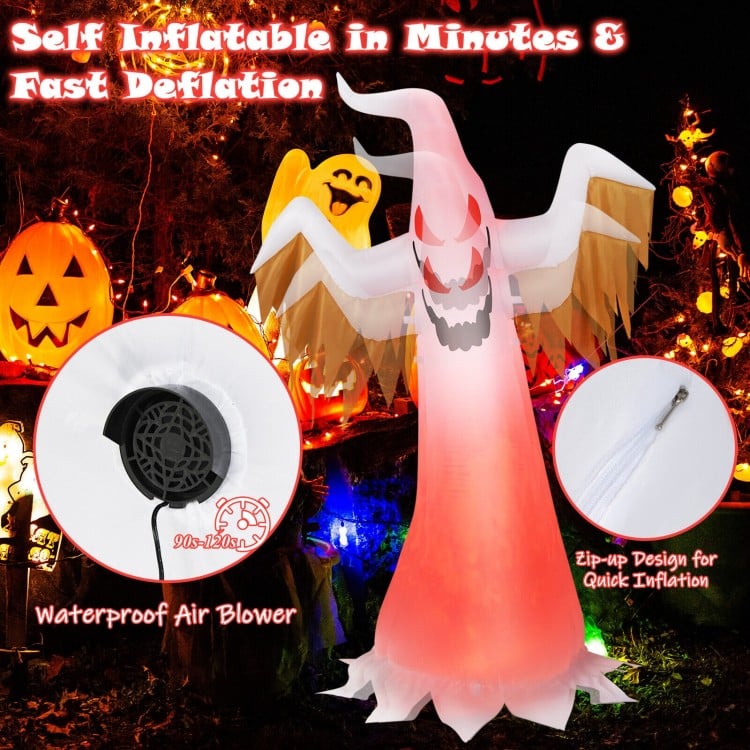 6-foot inflatable ghost decoration with LED lights, waterproof fabric, and quick inflation for Halloween outdoor fun.