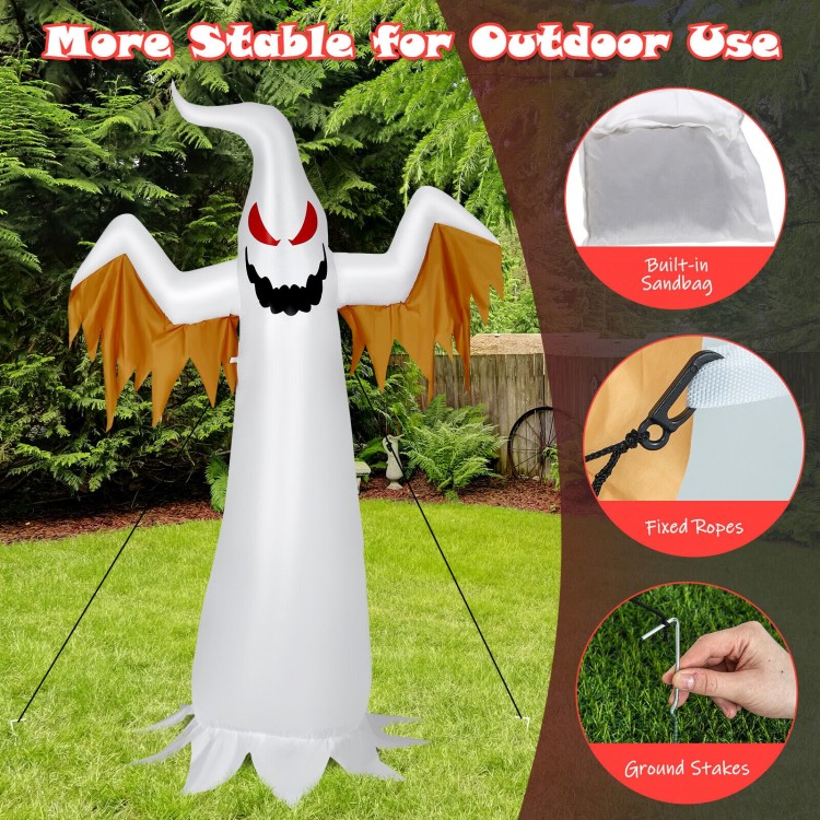 6-foot inflatable ghost decoration with LED lights, made of durable polyester, ideal for outdoor Halloween parties.