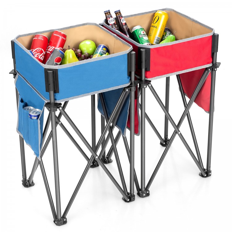 Folding camping tables in blue and red with large capacity storage sinks, ideal for outdoor picnics and activities.