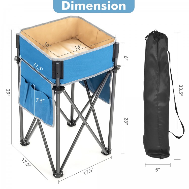 Folding camping table with large storage sink, blue fabric, durable steel frame, ideal for outdoor activities.