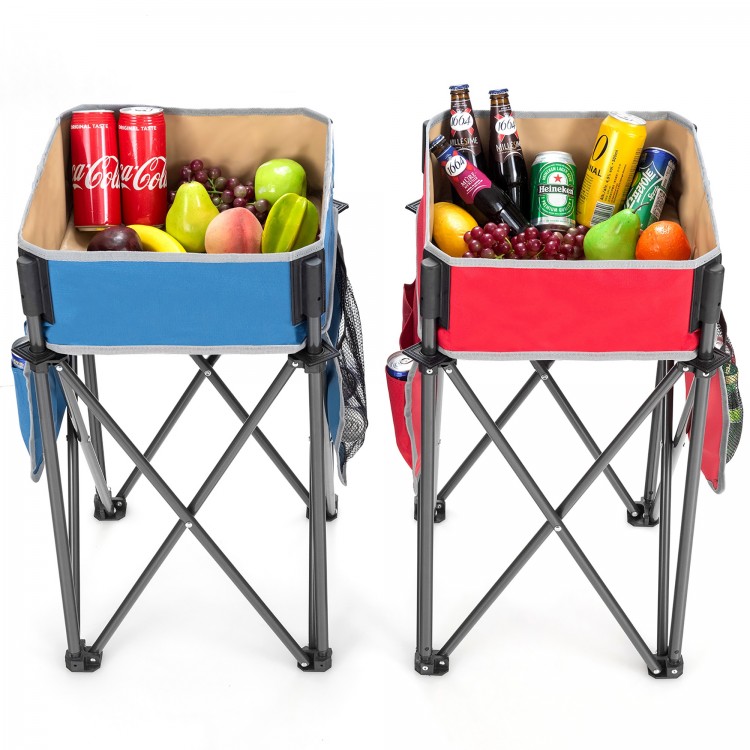 Folding camping tables in blue and red with large storage sinks, ideal for outdoor picnics and activities.