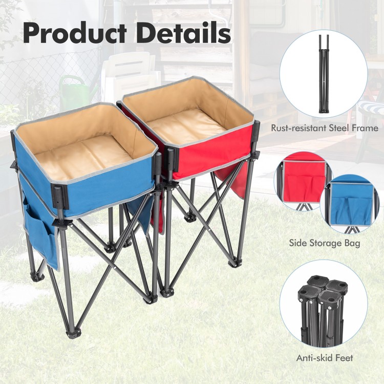 Folding camping tables in blue and red with large storage sinks and side bags, ideal for outdoor activities.