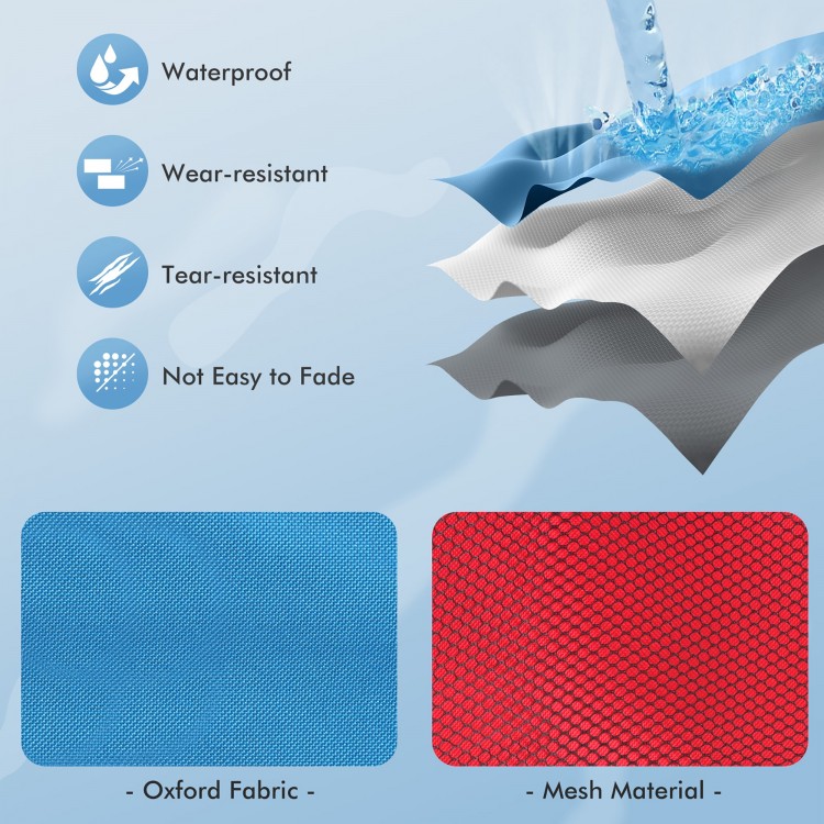 Folding camping tables in blue and red with waterproof oxford fabric, featuring large storage sinks for outdoor.